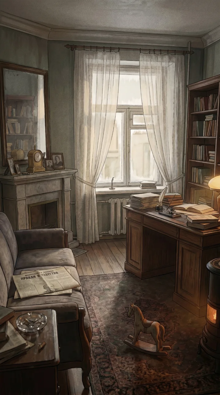 A quiet, worn apartment study with a couch, desk, and bookcase.